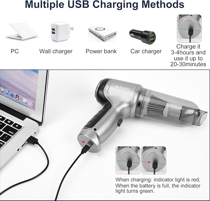 WADEO Handheld Vacuum Cordless, Car Vacuum Portable Cordless 18000Pa, Hand Held Vacuum, Mini Vacuum with Blower, Car Vacuum with Brushless Motor and TypeC, Portable Vacuum for Car
