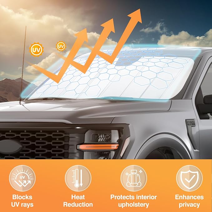 KUST Windshield Sun Shade for Ford F150 2021-2025 2026 Foldable Thicken Window Sunshade UV Protection Keep Cool Sunshield Easy Install Sun Visor Accessories Aluminum Film
