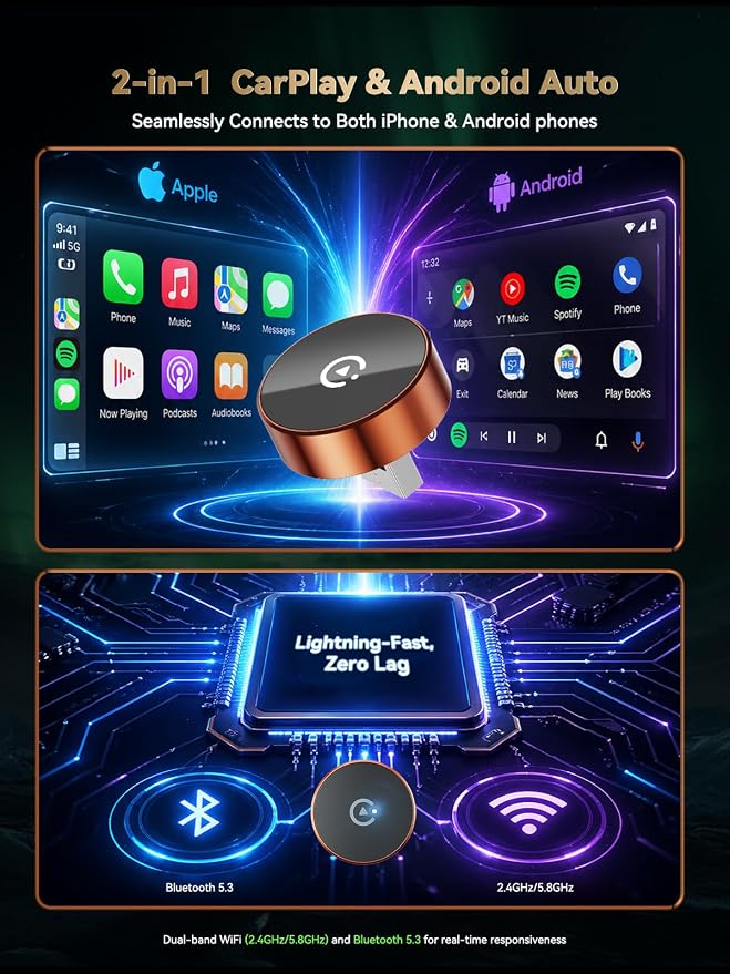 2026 Wireless CarPlay & Android Auto Adapter, 2-in-1 Mini Adapter for iPhone & Android, for USB-A/USB-C, Plug & Play, Fast Auto Reconnect, Low Latency, Converts Wired to Wireless for Cars After 2016