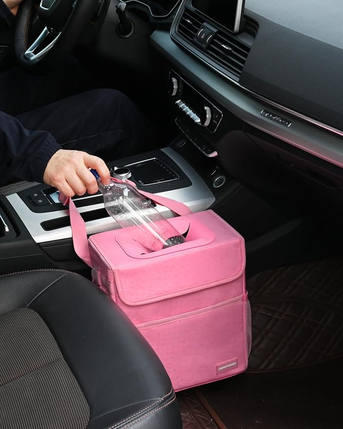 SIBOFUEGO Car Trash Can Cute - Multifunctional Interior Car Accessory for Women, Car Organizer and Storage with Adjustable Straps, Car Stuff Storage 2 Gallons (Leopard-Print Pink)
