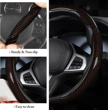 Carbon Fiber Steering Wheel Cover, Snap on Car Steering Wheel Cover Set Accessories 3pcs Wrap Grip Non Slip Protector Universal Glossy Brown