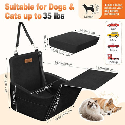 Elevated Dog Car Seat, Dog Booster Car Seats for Small & Medium Breeds Up to 35lbs, Fully Detachable and Washable, Memory Foam Pet Carseat with 2 Storage Pockets & 3 Safety Belts, Black