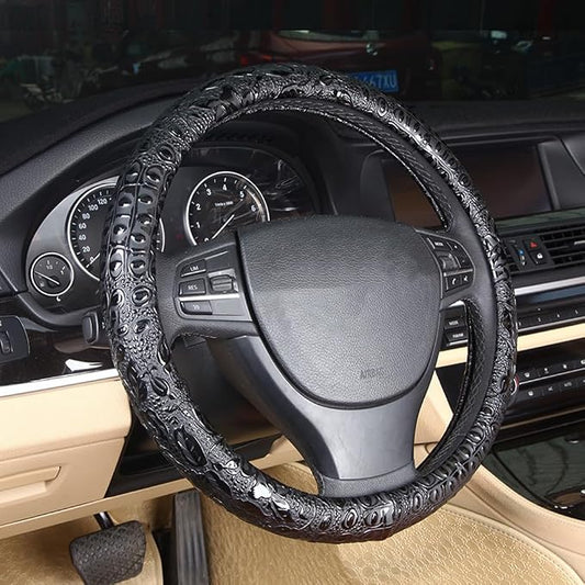Comfort Leather Auto Car Steering Wheel Cover,Grip Anti Slip 15 Inch,Black Crocodile with Rose Grain