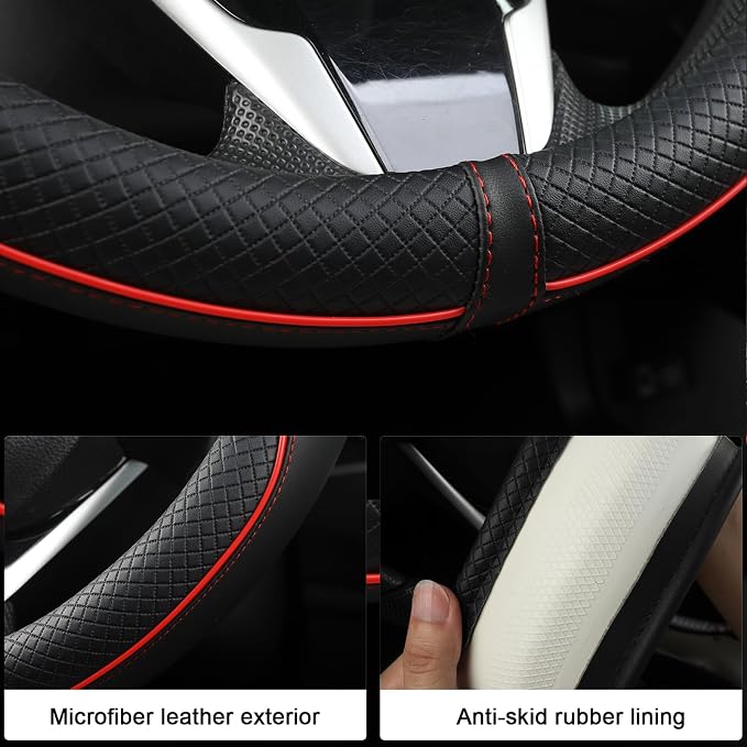 West Llama Microfiber Leather Car Steering Wheel Cover for Honda Civic, CR-Z, Insight, S2000,14-14.25 inch (Black+Red Line-Small Size)