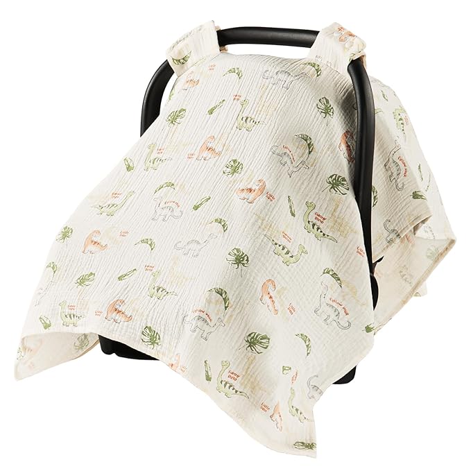 100% Muslin Cotton Car Seat Cover for Baby, Soft Breathable Car Seat Canopy, Universal Infant Carseat Cover Sun Protector, Lightweight Summer Stroller Cover for Boys Girls - Dinosaur