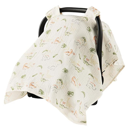 100% Muslin Cotton Car Seat Cover for Baby, Soft Breathable Car Seat Canopy, Universal Infant Carseat Cover Sun Protector, Lightweight Summer Stroller Cover for Boys Girls - Dinosaur