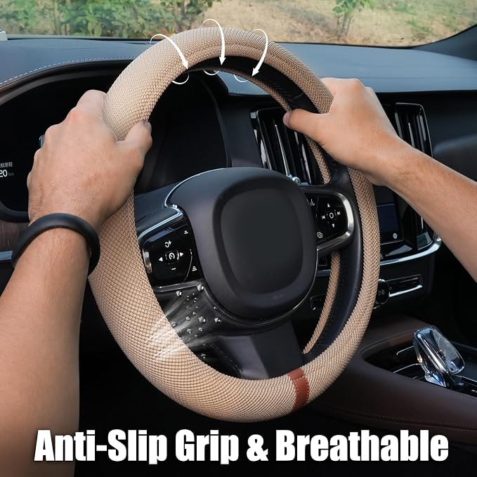 Universal Car Steering Wheel Cover for Summer, Non-Slip Breathable Cooling Steering Wheel Cover Protector with Brown Mark Upgraded Silicone Inner Ring for Summer D Shape & Round Shape, Khaki