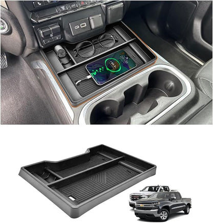 Center Console Organizer with Charger Hole for 2019-2022 Chevy Silverado/GMC Sierra 1500 and 2020-2023 Silverado/GMC Sierra 2500HD 3500HD (Full Console w/Bucket Seats Only)|Keep Clean||No Clutter Up|