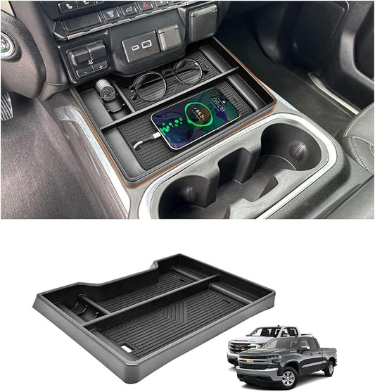 Center Console Organizer with Charger Hole for 2019-2022 Chevy Silverado/GMC Sierra 1500 and 2020-2023 Silverado/GMC Sierra 2500HD 3500HD (Full Console w/Bucket Seats Only)|Keep Clean||No Clutter Up|