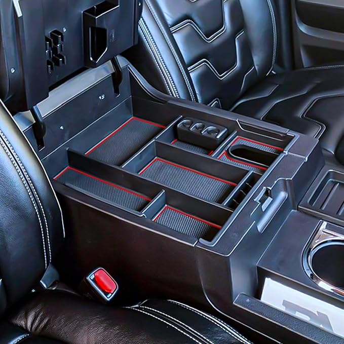 Center Console Organizer Compatible with 2014-2017 2018 2019 2020 2021 Tundra Accessories, Crewmax Interior Armrest Underseat Storage Box- Full-coverage Insert Tray, Red Trim