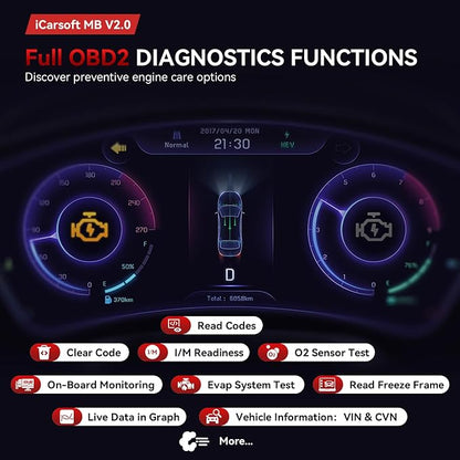iCarsoft MB V2.0 OBD2 Scanner for Most Mercedes Benz from 1996-2023 Full System Diagnostic Scan Tool 9 Reset AutoVIN Oil/BMS/SAS/EPB/ETC/BLD/INJ/SAS Etc. Free Update Car Code Reader with Battery Test