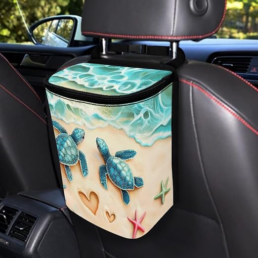 Talayituse Turtle Starfish Heart Beach Print Car Trash Can with Lid, Leak Proof Auto Trash Bag Hanging Vehicle Garbage Can Multipurpose Storage Container for Back Seat Road Trip