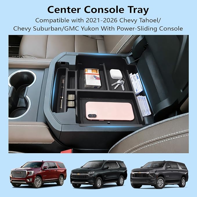 Center Console Organizer fit for 2021-2026 GMC YuKon Denali, Chevy Suburban/Tahoe Mini Compartments Design ABS Plastic Armrest Storage Box Insert Tray (ONLY for Power-Sliding Console)|Easy to Install|