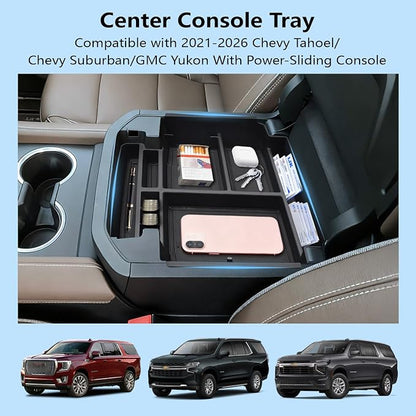Center Console Organizer fit for 2021-2026 GMC YuKon Denali, Chevy Suburban/Tahoe Mini Compartments Design ABS Plastic Armrest Storage Box Insert Tray (ONLY for Power-Sliding Console)|Easy to Install|