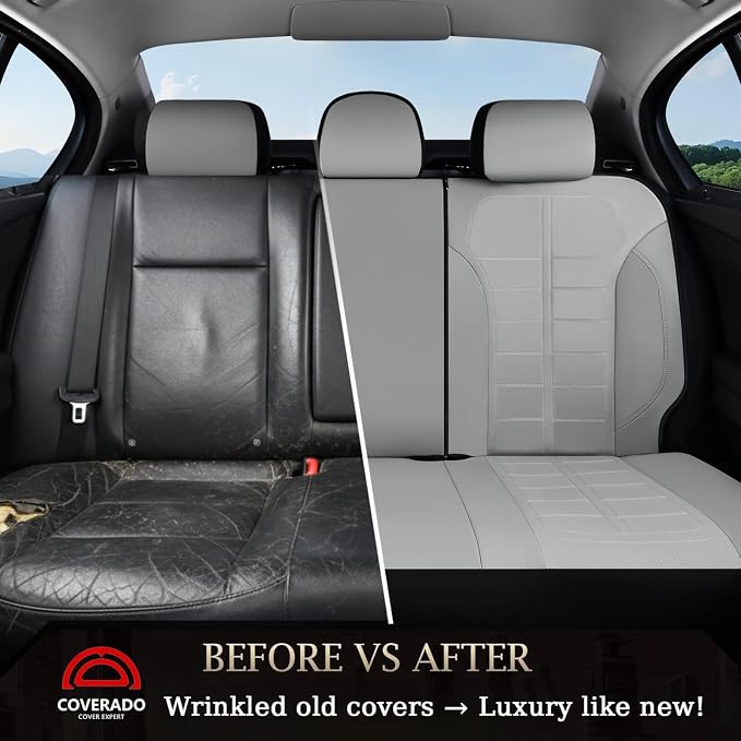 Coverado Full Set Leather Car Seat Covers, Crafted with Full Leather Construction and Carbon Fibre Weave Universal Fit for Most Cars SUV Trucks(Gray