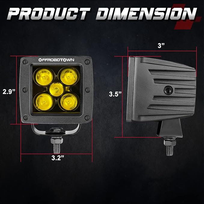 OFFROADTOWN Yellow LED Pods, 100W 2PCS 3 Inch CREE LED Cubes Light Spot Beam Off Road Driving Lights LED Pod Lights Square Led Cubes Yellow Fog Light Ditch Lighting for Trucks UTV ATV SUV Surron Boat