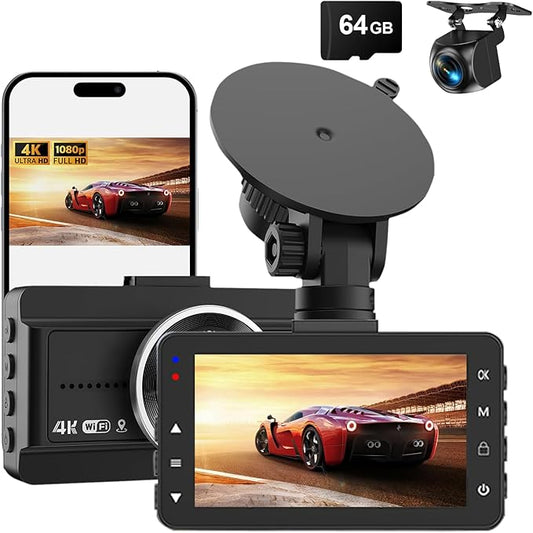 Dash Cam Front and Rear, 4K Full HD Dual Dash Camera for Cars W/ 64GB Card Included, Built-in 5G WiFi, Car Camera Dashcams for Cars with Night Vision, Parking Monitor, WDR, Emergency Lock