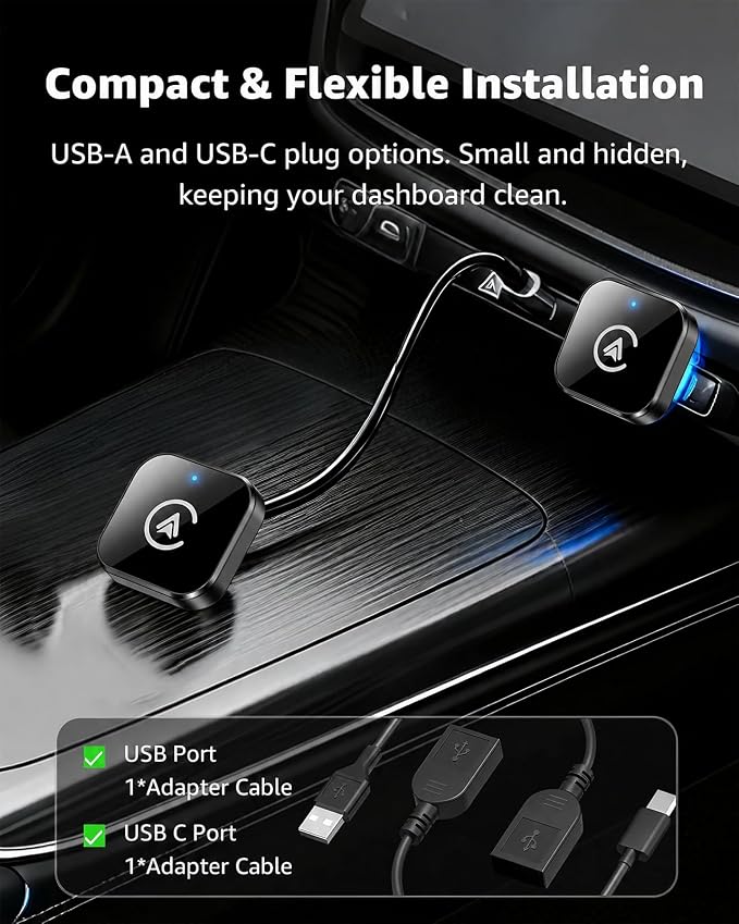 Wireless CarPlay Adapter & Android Auto Adapter, 2 in 1 Mini Dongle, Convert Wired to Wireless, Plug and Play Fast Auto Connect, Stable No-Lag Connection, for iPhone & Android Cars 2016+, Black