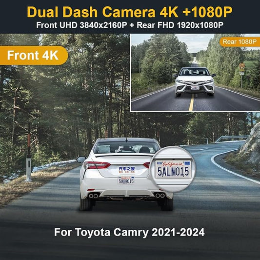 Fitcamx Front 4K+Rear 1080P Dash Cam for 2021-2024 Toyota Camry LE L XLE TRD XSE SE Hybrid (Gen8/XV70), OEM Look, Built-in WiFi & APP, Dual Loop Recording, Gravity Sensor, Easy to Set, 128GB Card