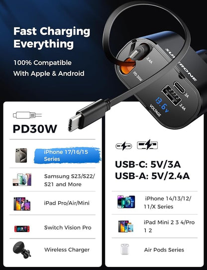 Retractable Car Charger 4 in 1 Fast Car Phone Charger Adapter with Type C & Apple Cords Compatible with iPhone 17/16/15/14/13/12/11, Galaxy, Pixel