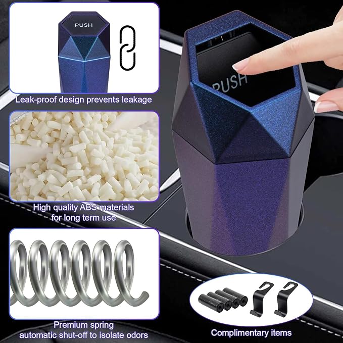 BFXM Car Trash Can, Car Trash Bin with Lid, Car Accessories for Women Interior, Car Garbage Can with Additional 2 ABS Hooks and 60pcs Trash Bags, Suitable for Home, Office, Car Organizer, Blue Purple