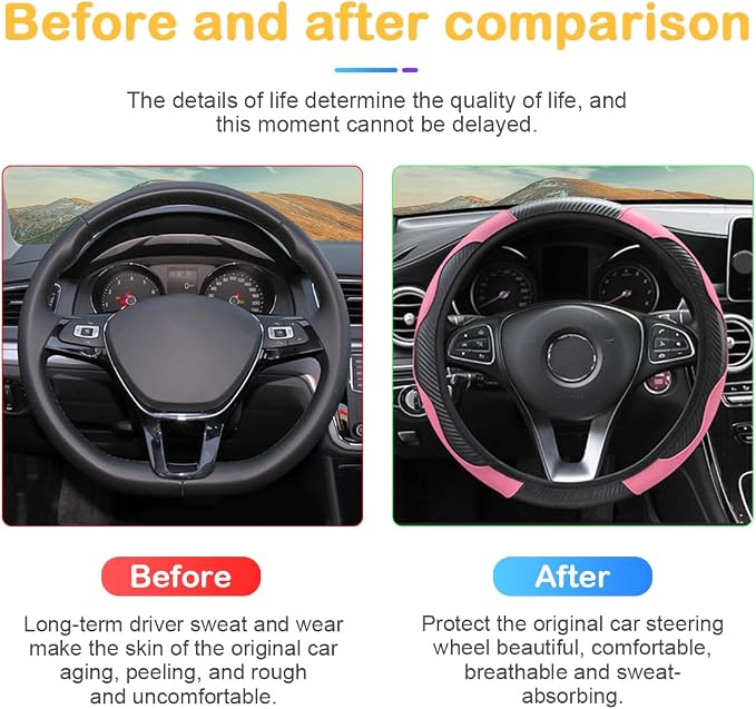 Osilly Car Steering Wheel Cover, 15 inch Carbon Fiber Microfiber PU Leather Elastic Steering Wheel Protector for Men Women, Anti-Slip Breathable Car Interior Accessories for Most Cars (Pink)