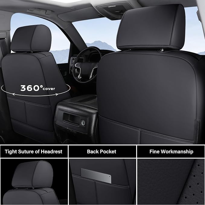 Coverado Chevy Silverado Seat Covers Full Set, Faux Leather Car Seat Covers Fit for 2014-2018 1500, 2015-2019 2500HD 3500HD Chevy Silverado GMC Sierra Crew Double Extended Cab (Black)