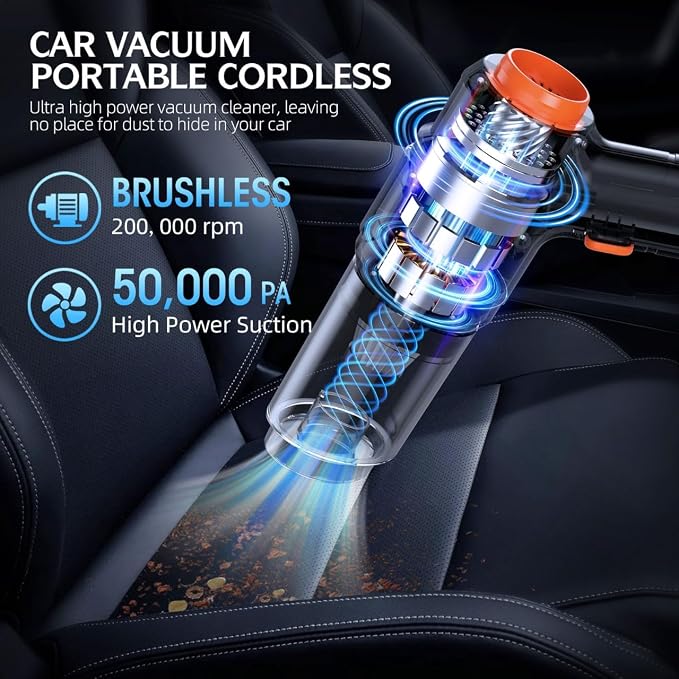 Car Vacuum Portable Cordless, 50000Pa High Power Rechargeable Dust Buster with 2 Batteries & Charger, 6-in-1 Handheld Vacuum Cleaners for Home, Car, Pet Hair, Keyboard, Graphite Black