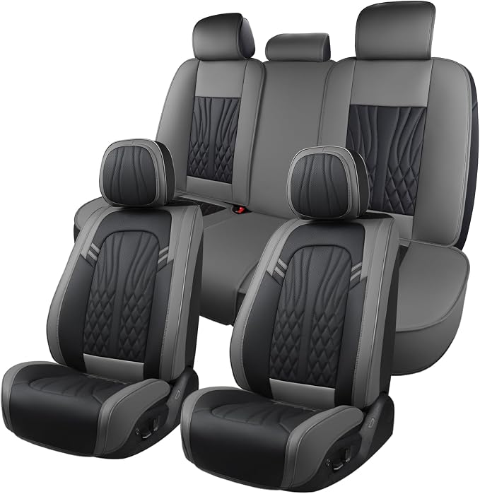 MINGBRON Leather Car Seat Covers,Car Seat Protector Waterproof,Seat Covers Full Set, Car Seat Protectors 5 Seats,Automotive Seat Covers Fit Most Cars Grey&Black
