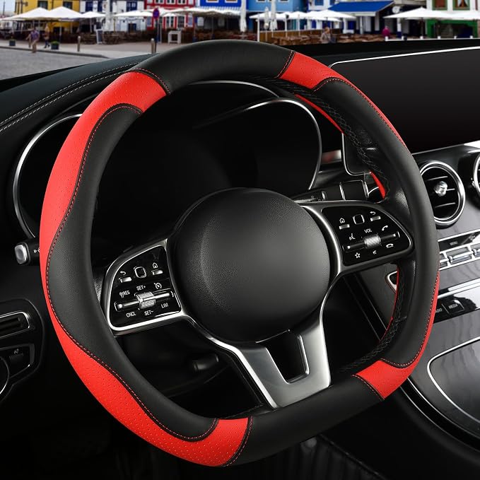 Microfiber Leather D Shaped Steering Wheel Cover, Breathable, Anti Slip, 13.5 inch to 14 inch, Black with Red