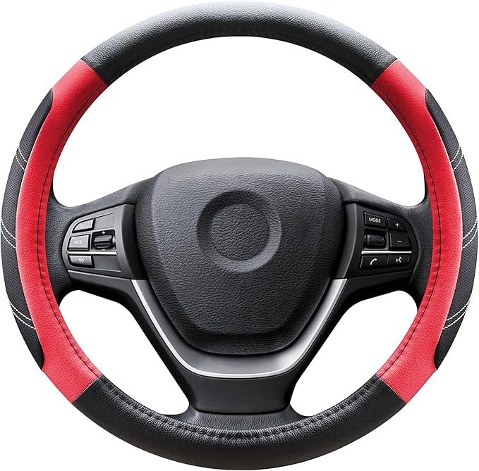 Black and Red Line Punching Car Steering Wheel Cover, Microfiber Leather Sports, 14.5-15 in Universal Leather Wheel Covers, Breathable Fashion Anti-Slip, Steering Wheels Accessories for Men Women