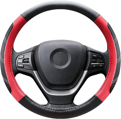 Black and Red Line Punching Car Steering Wheel Cover, Microfiber Leather Sports, 14.5-15 in Universal Leather Wheel Covers, Breathable Fashion Anti-Slip, Steering Wheels Accessories for Men Women