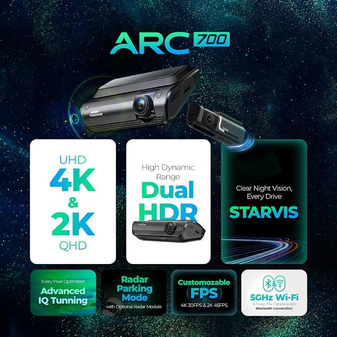 THINKWARE ARC700 4K Dash Cam, 4K Front & 2K Rear Dual HDR, Radar Parking Mode for Saves Power, Super Night Vision with Sony STARVIS for Clear Night & Plate Capture, 5GHz Wi-Fi, Free Hardwire Kit &64GB