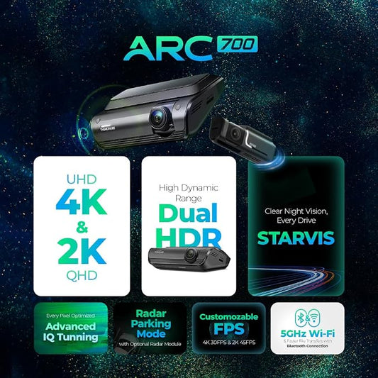 THINKWARE ARC700 4K Dash Cam, 4K Front & 2K Rear Dual HDR, Radar Parking Mode for Saves Power, Super Night Vision with Sony STARVIS for Clear Night & Plate Capture, 5GHz Wi-Fi, Free Hardwire Kit &64GB