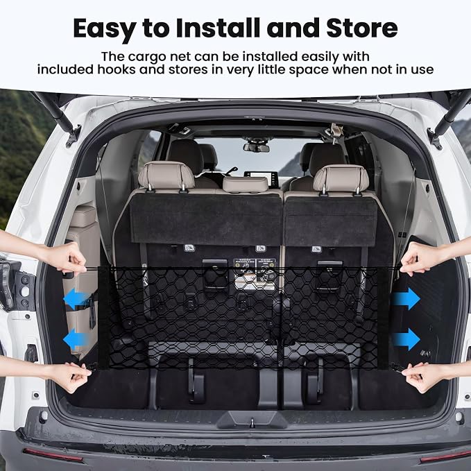 Canvcle Trunk Cargo Net for Toyota Sienna 2021-2025 2026 Accessories Envelope Style Mesh Trunk Net Organizer and Storage Stretchable Adjustable Elastic Nylon Rear Cargo Netting with Hooks