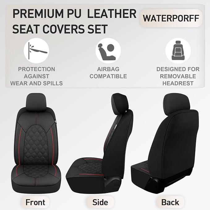 CAROMOP Luxury PU Leather Car Seat Covers Front Set - Anti-Stain Waterproof Automotive Seat Covers for Cars - Universal Car Interior Covers Seat Protectors for SUVs Pick-up Trucks(Black/Red Line)