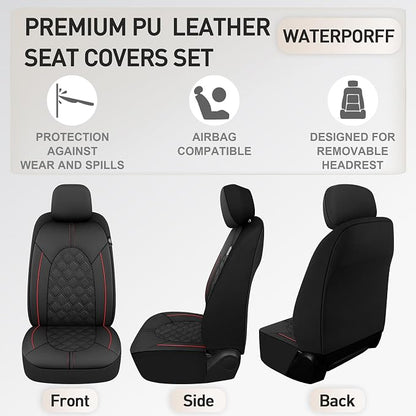 CAROMOP Luxury PU Leather Car Seat Covers Front Set - Anti-Stain Waterproof Automotive Seat Covers for Cars - Universal Car Interior Covers Seat Protectors for SUVs Pick-up Trucks(Black/Red Line)