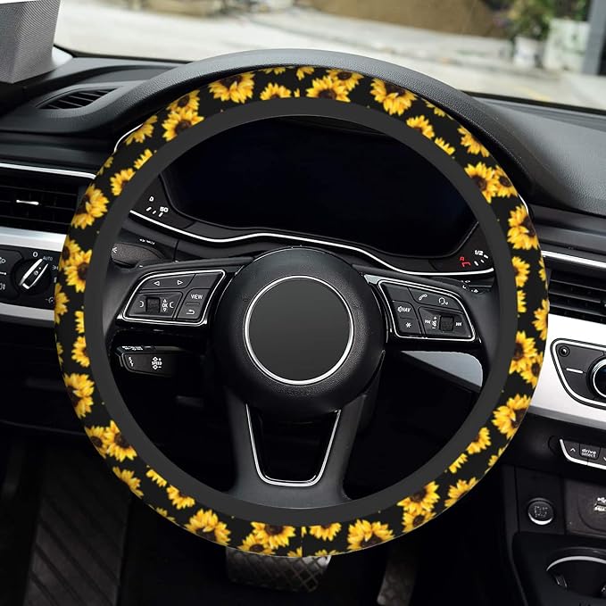 Steering Wheel Cover Sunflower Steering Wheel Cover Car Accessories Universal 15 Inch Neoprene Auto Interior Decor Anti Slip Sweat Absorption Car Protector for Women Girls Adults