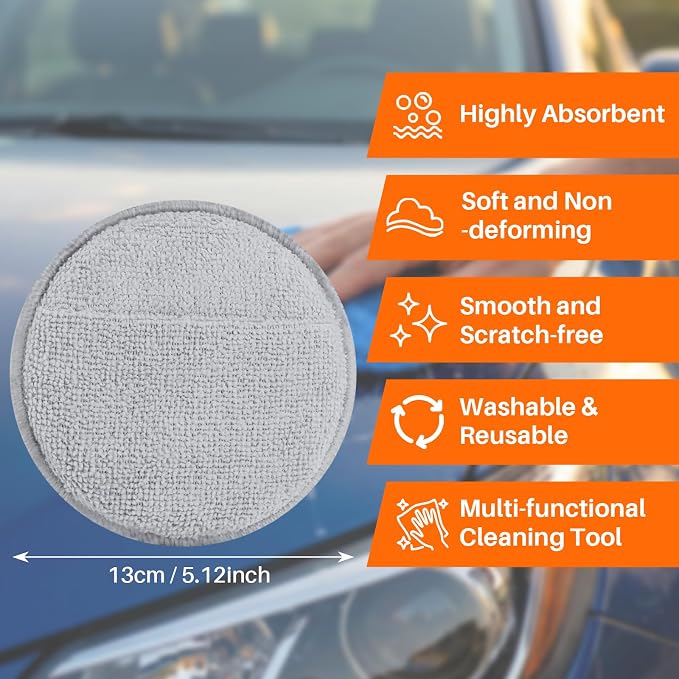 12Pack Wax Applicator Pads, 5" Soft Microfiber and Dense Foam Buffing Pads for Auto Polishing, Car Waxing, Paint Correction with Non-Slip Backing, Multipurpose Hand Pads