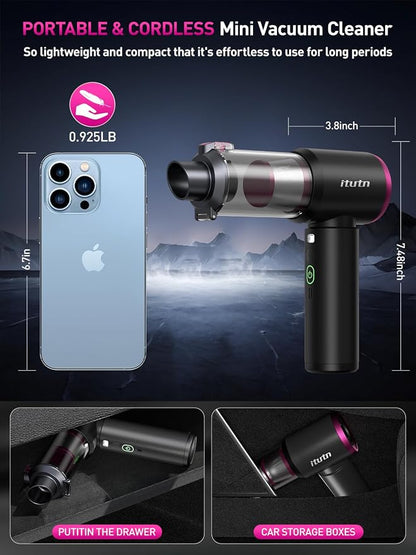 Mini Car Vacuum Portable Cordless with LED Light, 15000PA Powerful Suction, 80W High Power, One-Click Empty, Dual Hepa Filter, Y8plus Car Vacuum Cleaner & Air Duster for Home, Desk, PC, Keyboard