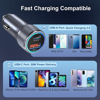 5 Pack USB C Car Charger, Bangfun 36W Dual USB Car Adapter Fast Charge PD&QC 3.0 Cigarette Lighter USB Charger Compatible iPhone 15 14 13 12 11 Pro Max SE,iPad,Samung S24/S21/S20, Pixel(Grey)