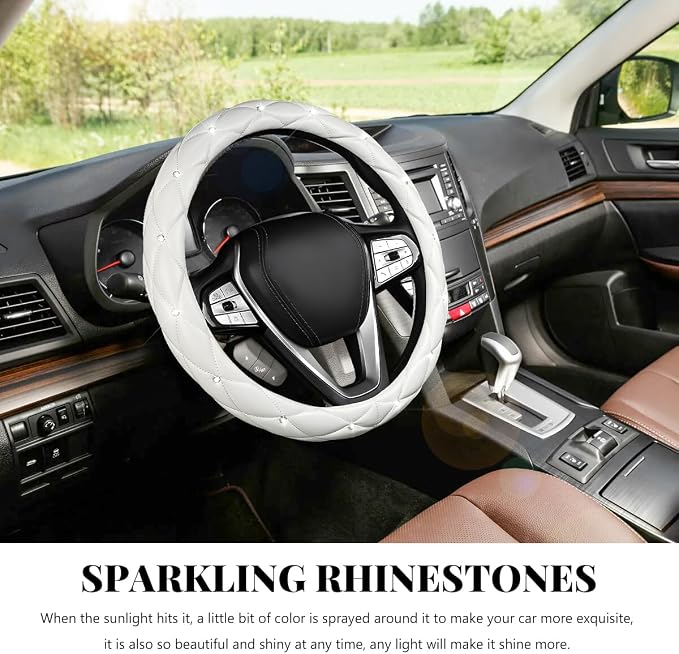 Bling Car Steering Wheel Cover, 15 Inch Diamond Leather Anti-Slip Auto Steering Wheel Protector, Cute Sparkly Rhinestones Wheels Cover Automotive Decoration for Women Girl (White)