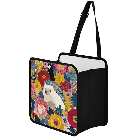 Car Trash Can Organizer Bin with Adjustable Strap for Back Front Seat Console Waterproof Leakproof Collapsible Portable 11 Inch Garden Flowers Hedgehogs Colorful