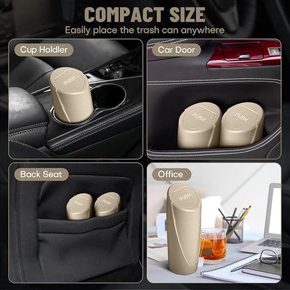 Car Trash Can Bin with Lid - 2 Packs Car Garbage Can Cup Holder - Beige Mini Leakproof Vehicle Garbage Bin with 40pcs Trash Bags-Automobile Organizers and Storage for Front Back Seat Accessories