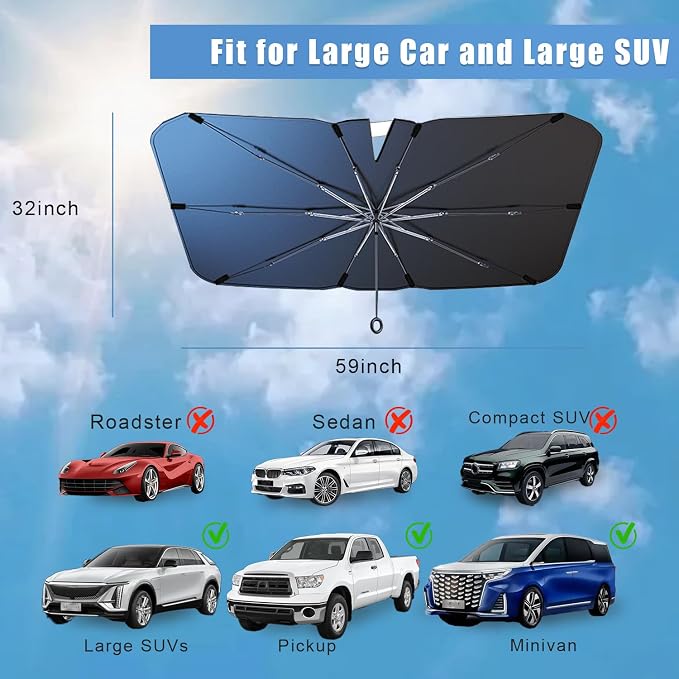 JDDRY Front Windshield Sun Shade with Pull Cord, Umbrella Sun Shade for Windshield, 2024 Car Umbrella Front Sun Shades Cover for Pickup/Large SUV/Truck/Minivan (150x82cm)