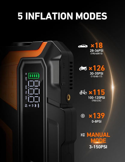 AstroAI M10 6000A 150PSI Car Jump Starter with Air Compressor - 12V Portable Battery Booster (All Gas/12.0L Diesel), Smart Tire Inflator, Heavy-Duty Jumper Cables, Power Bank, LED Light, Storage Case