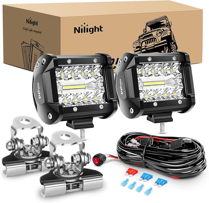 Nilight 2PC 4Inch Triple Row Lights 60W Flood Spot Combo 6000LM Bar Driving Boat Led Off Road Trucks with Adjustable Pillar Hood Mount Bracket Clamp Holder and Wiring Harness Kit