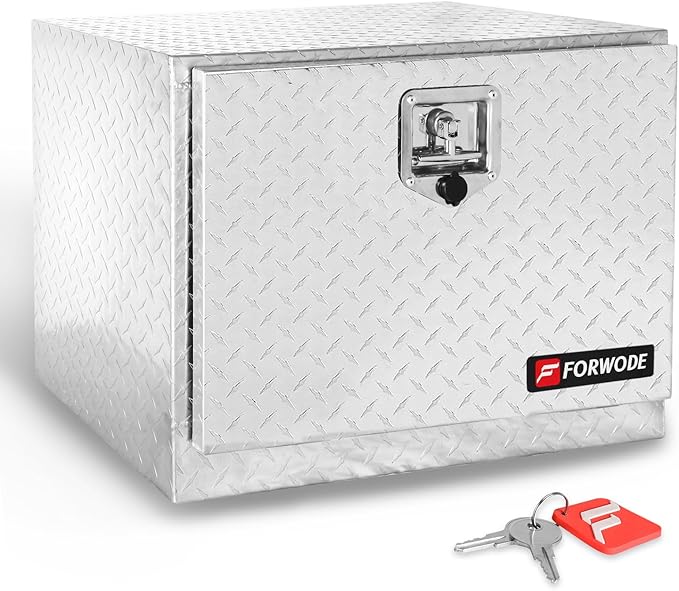 FORWODE 24x17x18 Inch Underbody Truck Tool Box Aluminum Trailer Tool Box with Lock & Foldable T-Handle Waterproof Truck Storage Box for Pickup Truck, Trailer, RV, ATV, Indoor（SILVER）