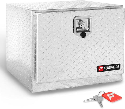 FORWODE 24x17x18 Inch Underbody Truck Tool Box Aluminum Trailer Tool Box with Lock & Foldable T-Handle Waterproof Truck Storage Box for Pickup Truck, Trailer, RV, ATV, Indoor（SILVER）