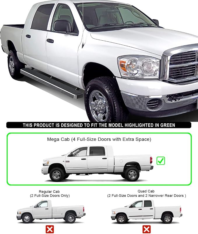 APS Running Boards 5 inches Compatible with Dodge Ram 1500 2006-2008 Mega Cab & Ram 2500 3500 2006-2009 304 Stainless Steel (Nerf Bars Side Steps Side Bars)(91in D2D Short Version)